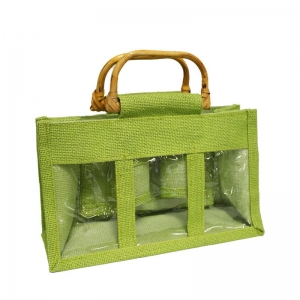Olive Jute Bag With Wooden Handles (3 Jars)