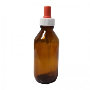 100ml Amber Glass Round Bottle With 24mm 400 White Cap & Peach Red Bulb Pipette