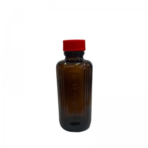 100ml Amber Glass Round Poison Bottle With 24mm 400 Red PP Wadded Cap (Pk 10)