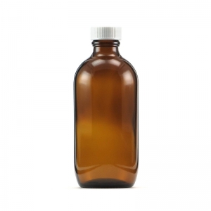 200ml Amber Glass Round Bottle With 24mm 400 White PP Screw Cap (Pk 10)